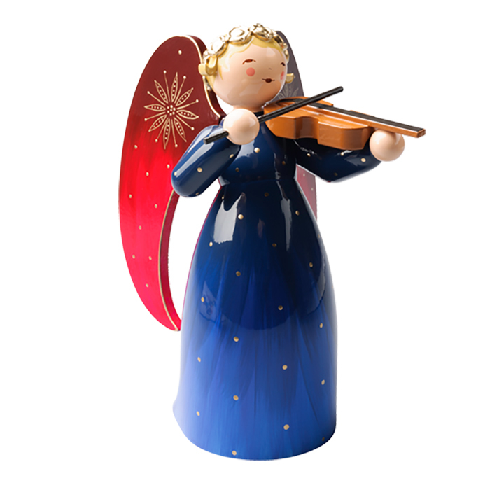 木製人形　バイオリンを弾くグラデーションドレスの天使（ブルー）