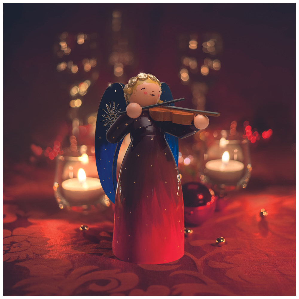木製人形　バイオリンを弾くグラデーションドレスの天使（レッド）